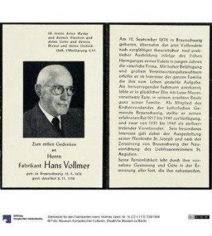 Sterbebild für den Fabrikanten Hans Vollmer