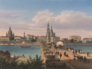 Ansicht von Dresden über die Augustusbrücke, kolor. Lithogr. ca. 1850 : Ansicht von Dresden. - [S.l.] , [ca. 1850]. - 1 Kunstbl. : kolor. Lithogr. ; 24 x 18 cm