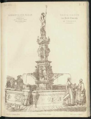 Restaurierter Marktbrunnen in Tübingen. Perspektivische Ansicht