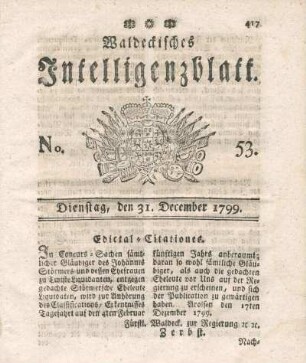 No. 53, Dienstag, den 31. December 1799