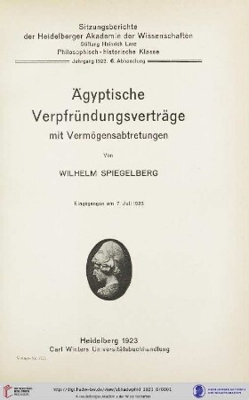 1923, 6. Abhandlung: Sitzungsberichte der Heidelberger Akademie der Wissenschaften, Philosophisch-Historische Klasse: Ägyptische Verpfründungsverträge mit Vermögensabtretungen