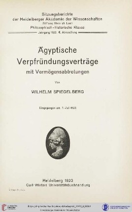 1923, 6. Abhandlung: Sitzungsberichte der Heidelberger Akademie der Wissenschaften, Philosophisch-Historische Klasse: Ägyptische Verpfründungsverträge mit Vermögensabtretungen