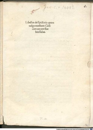 De epidemia quam vulgo morbum Gallicum vocant : mit Vorrede an Johannes Franciscus Picus de Mirandula
