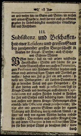 III. Subsistenz und Beschaffenheit einer Residenz und grossen Statt bey zunehmender grossen Burgerschafft in Ansehen der Kriegs-Diensten / auch Schutz- und Schirm-Wesens.