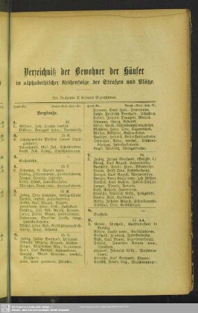 Häuserbuch : Verzeichniß der Bewohner der Häuser in alphabetischer reihenfolge der Straßen und Plätze
