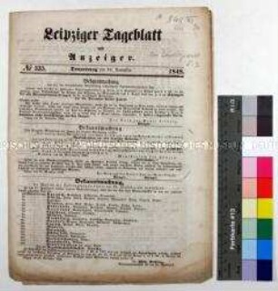 Tageszeitung Leipziger Tageblatt und Anzeiger, Nr. 335 mit Beilage und einem Rundschreiben an alle deutschen Arbeiter betreffend Landtagswahl in Sachsen (Druckbogen)