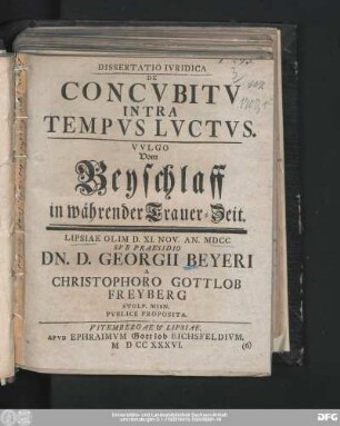 Dissertatio Ivridica De Concvbitv Intra Tempvs Lvctvs. Vvlgo Vom Beyschlaff in währender Trauer-Zeit
