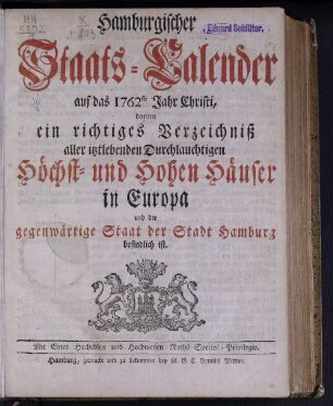 1762: Hamburgischer Staats-Kalender : auf das Jahr