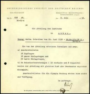 Brief; AIDR an DAI Athen (Bürobedarf)