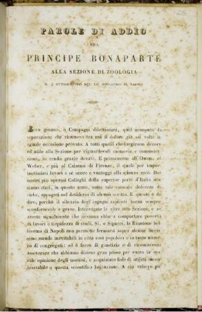 Parole Di Addio Del Principe Bonaparte Alla Sezione Di Zoologia