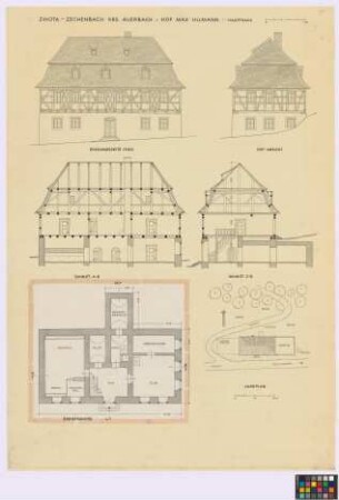 Zwota-Zechenbach (Kreis Auerbach): Hof Max Ullmann. - Lageplan mit Haupthaus (Aufsicht). - Haupthaus (Süd-Seiten-Ansicht, Ost-Giebel-Ansicht, Längsschnitt A-B, Querschnitt C-D, Grundriss des Erdgeschosses)