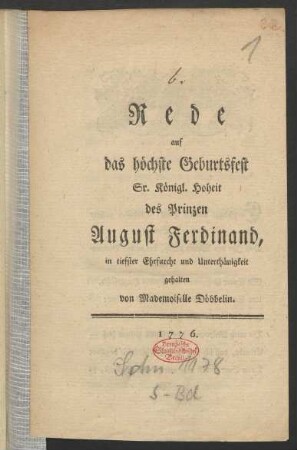 Rede auf das höchste Geburtsfest Sr. Königl. Hoheit des Prinzen August Ferdinand, in tiefer Ehrfurcht und Unterthänigkeit