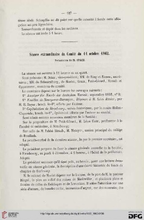 Séance extraordinaire du Comité du 14 octobre 1862