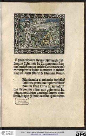 Meditationes reverendissimi patris domini Johannis de Turrecremata sacrosancte romane ecclesie cardinalis posite et depicte de ipsius mandato in ecclesie ambitu sancte Marie de Minerva Rome.