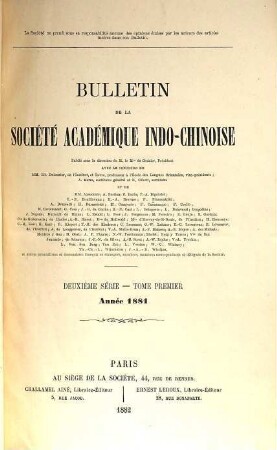 Bulletin de la Société Académique Indo-Chinoise de France. 1. 1881 (1882)