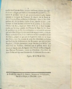 Extrait des registres du parlement, du deux juillet mil sept cent soixante-dix
