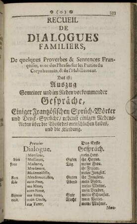 Recueil De Dialogues Familiers ... Auszug Gemeiner und im Reden vorkommender Gespräche ...