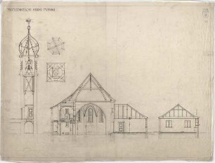 Bestelmeyer, German; Murnau am Staffelsee (Bayern); Ev. Kirche und Pfarrhaus - Turm, Kirche, Pfarrhaus (Schnitte)