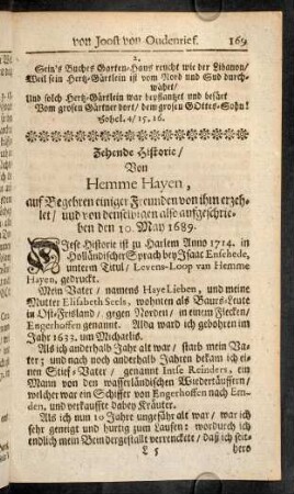 169-199, Zehende Historie / Von Hemme Hayen, auf Begehren einiger Freunden von ihm erzehlet /...