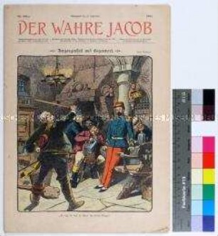 Sozialdemokratische Satirezeitschrift "Der wahre Jacob" mit Karikaturen auf Neuausrichtung der preußischen Militärpolitik, die Folgen des Vereinsgesetzes für die katholischen Orden und die Verschiebung der deutschen Wirtschaftspolitik von der Landwirtschaft hin zu exportorientierter Industrie