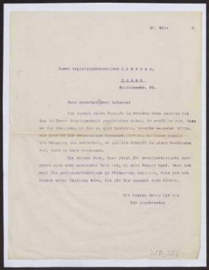 Schreiben an Regierungsbaumeister Lehwess, Essen (Brief)