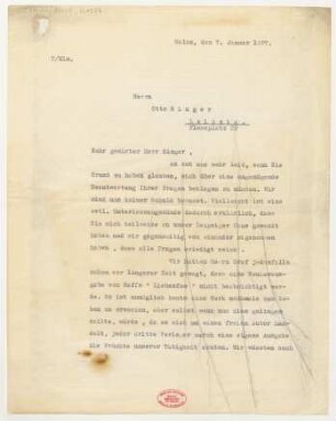 Brief an Otto Singer : 07.01.1927