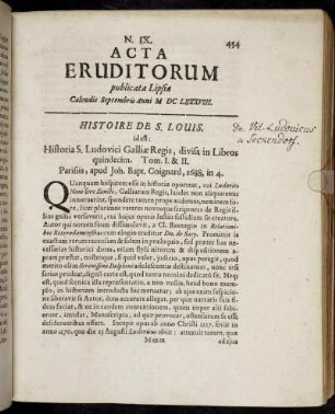 N. IX. [...] Calendis Septembris Anni M. DC. LXXXVIII.
