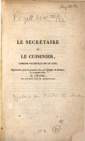 Le secrétaire et le cuisinier : Comédie-vaudeville en un acte
