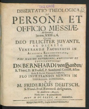 Dissertatio Theologica De Persona Et Officio Messiae, Ad Locum Jerem. XXIII. 5.6.