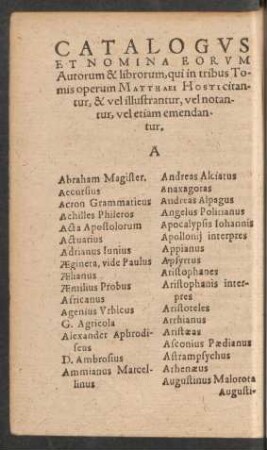 Catalogus Et Nomina Eorum Autorum & librorum, qui in tribus Tomis operum ... citantur, & vel illustrantur, vel notantur, vel etiam emendatur.