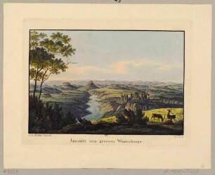 Aussicht vom Großen Winterberg in der Sächsischen Schweiz nach Westen ins Elbtal und auf die Felsen und Tafelberge, aus Richters "70 Mahlerischen An- und Aussichten ..."