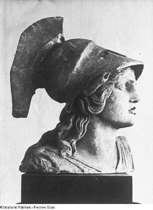 Kopf der Athene : Rietschel, Ernst. Kopf der Athene. Original vom Nordgiebel des Königlichen Hoftheaters in Dresden. Sandstein. Um 1838/1841. Profilansicht nach rechts. Bautzen: Stadtmuseum