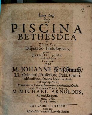 Bēt ḥesdā Sive De Piscina Bethesdea ex Johann. V, 2. Disputatio Philologica