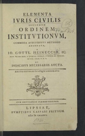 Elementa Ivris Civilis Secvndvm Ordinem Institvtionvm : Commoda Avditoribvs Methodo Adornata