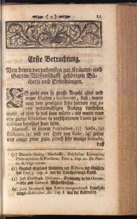Erste Betrachtung. Von denen vornehmsten zur Kräuter- und Garten-Wissenschafft gehörigen Büchern und Erfindungen