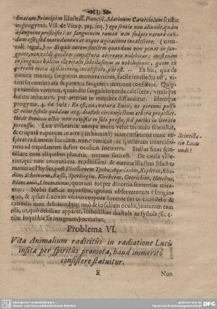 Problema VI. Vita Animalium radicitus in radiatione Lucis insitae pe spiritus promota, haud immerito consistere statuitur.