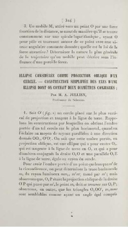 Ellipse considérée comme projektion oblique d'un cercle. - Contruction simplifiée des axes d'une ellipse dont on connait deux diamètres conjugués.