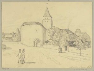 Das Schülertor und Turm in Bautzen in Ostsachsen, im Nordosten der Stadt, Zustand vor dem Abriss des Rondells mit Torbogen im Jahre 1840 und vor der Erneuerung des Daches 1833