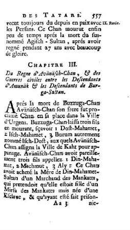 Chapitre III. Du Regne d'Avänäsch-Chan, & des Guerres civiles entre les Descendants d'Amunäk & les Descendants de Burga-Sultan