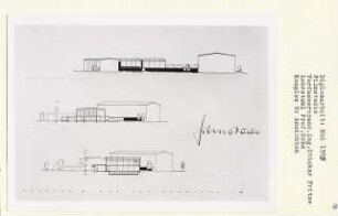 Filmstudio, Berlin-Spandau (Diplomarbeit bei Karl Wilhelm Ochs): Komplex B, Ansicht von Nordosten und Schnitte 1:200