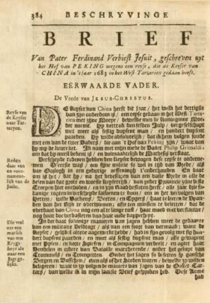 Brief van Pater Ferdinand Verbiest Jesuit, geschreven uyt ...