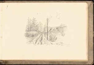 Skizzenbuch mit Aquarellen und Zeichnungen: Waldweg mit Telegraphenleitung