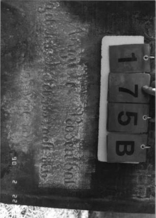 Grabstein 175 (Index: 100116396) Material: Sandstein Zustand: verwittert mit Textverlust Maße HxBxT: 114x64x14 cm Beschreibung: Stele mit konkav eingezogenem Segmentbogenabschluß, eingetieftes Schriftfeld: Grabstein 175B