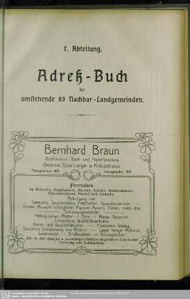 7. Abteilung. Adreß-Buch für umstehende 83 Nachbar-Landgemeinden