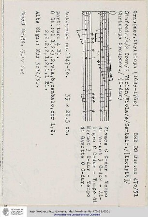 Sinfonia / a / 2 Corn / 2 Violin / Viola / e / Cembalo. / [Incipit] / Christoph Graupner.