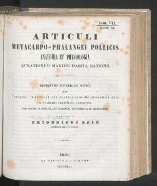 Articuli Metacarpo-Phalangei Pollicis Anatomia Et Physiologia Luxationum Maxime Habita Ratione.