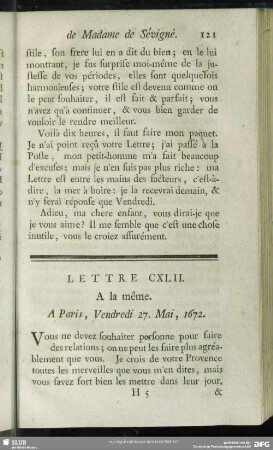 Lettre CXLII. A la même. A Paris, Vendredi 27. Mai, 1672