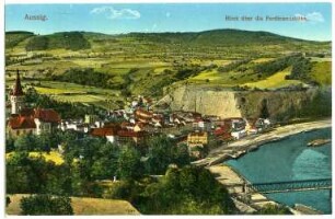 Aussig. Blick über die Ferdinandshöhe mit Aussichtsturm und Marienberg