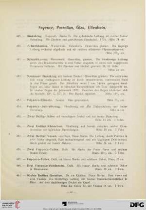 Fayence, Porzellan, Glas, Elfenbein, Zinn, Bronze, Silber etc. (Nr. 449-654)