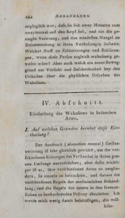 IV. Abschnitt. Eintheilung des Wahnsinns in besondere Arten